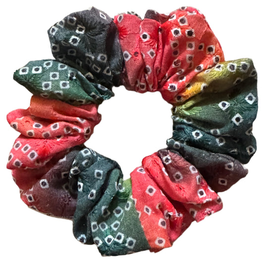 Indian-Inspired Baroque Coral & Green Handmade Scrunchie