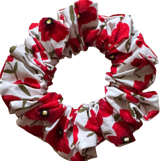 Poppies on White Handmade Scrunchie