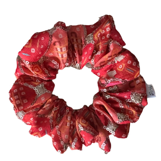 Indian-Inspired Red Sequin Handmade Scrunchie - Limited Edition