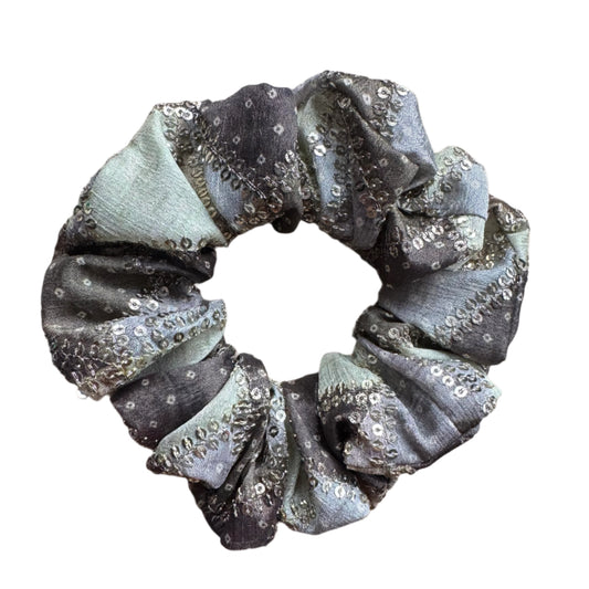 Indian-Inspired Grey and Olive Green Sequin Handmade Scrunchie - Limited Edition
